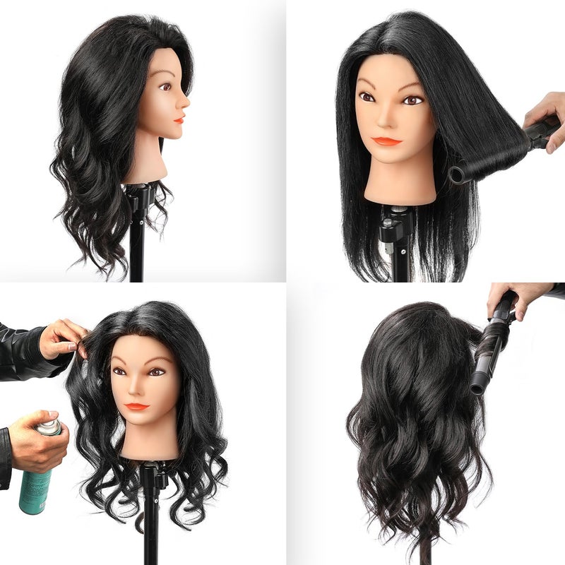 Armmu 20-22" 100% Human Hair Mannequin Head Hair Practice Training Head Cosmotology Doll Head for Hairdressers with Clamp- Natural Black - Image 2